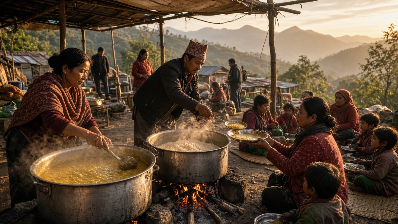 Community kitchen serving hot meals to displaced families