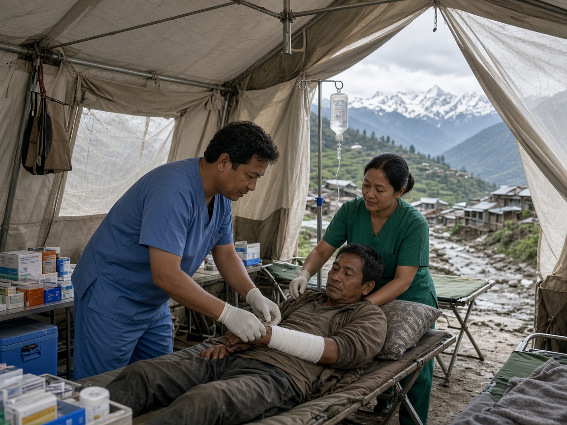 Doctors treating a flood survivor inside a field medical tent