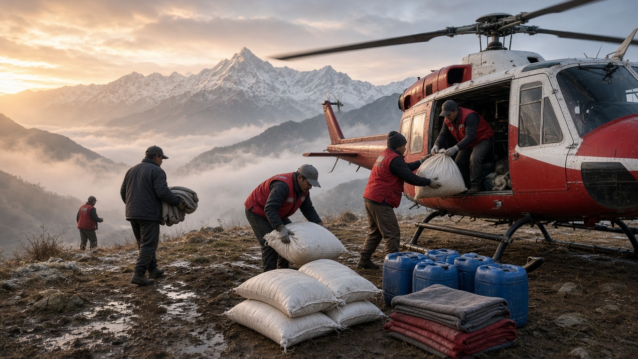 Aid workers unloading relief supplies from a helicopter in a Himalayan valley