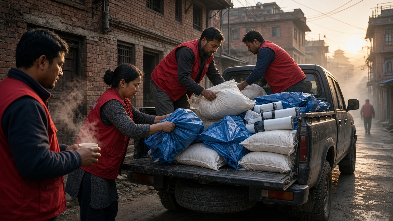 Volunteers loading a pickup in Kathmandu
