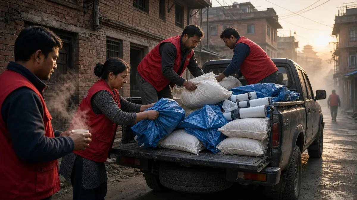 Volunteers loading a pickup in Kathmandu