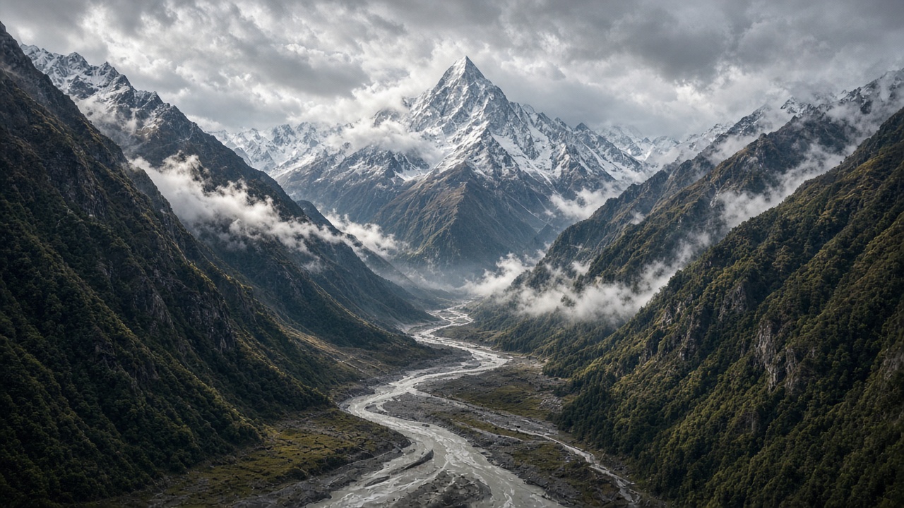 Langtang Himalayan valley with a silt-grey glacial river