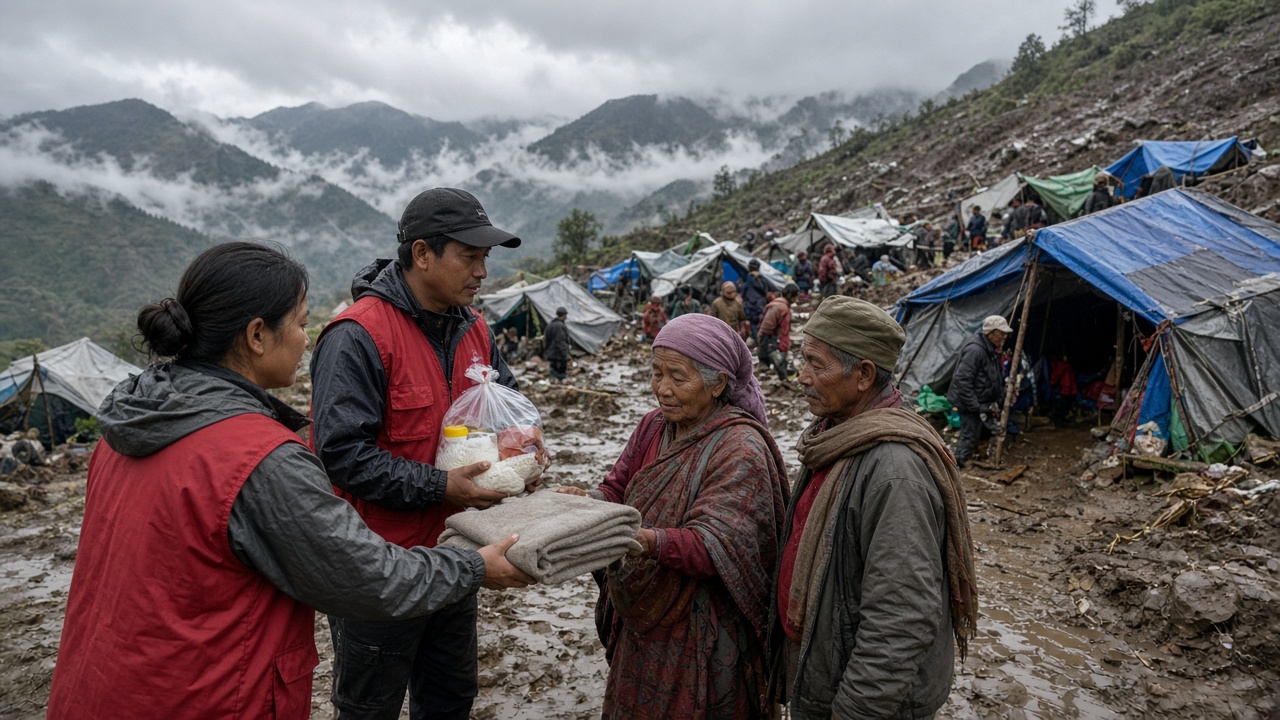 Volunteers handing blankets to displaced families at a mountain relief camp