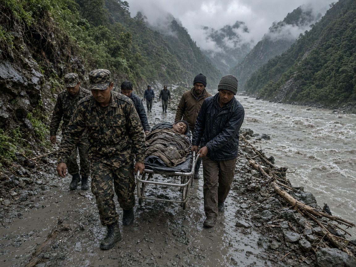 Rescue team carrying a survivor along a washed-out mountain road