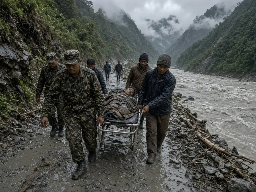Rescue team carrying a survivor along a washed-out mountain road