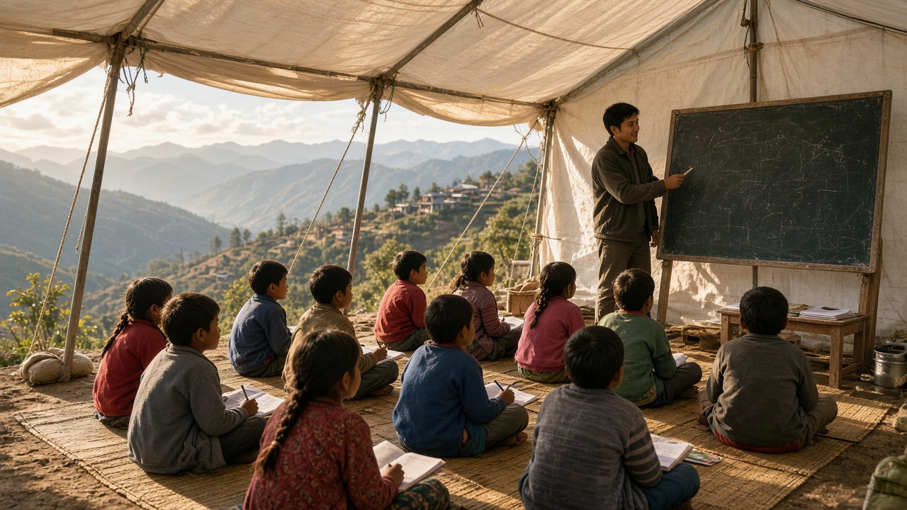 Children in a temporary tent classroom after the flood