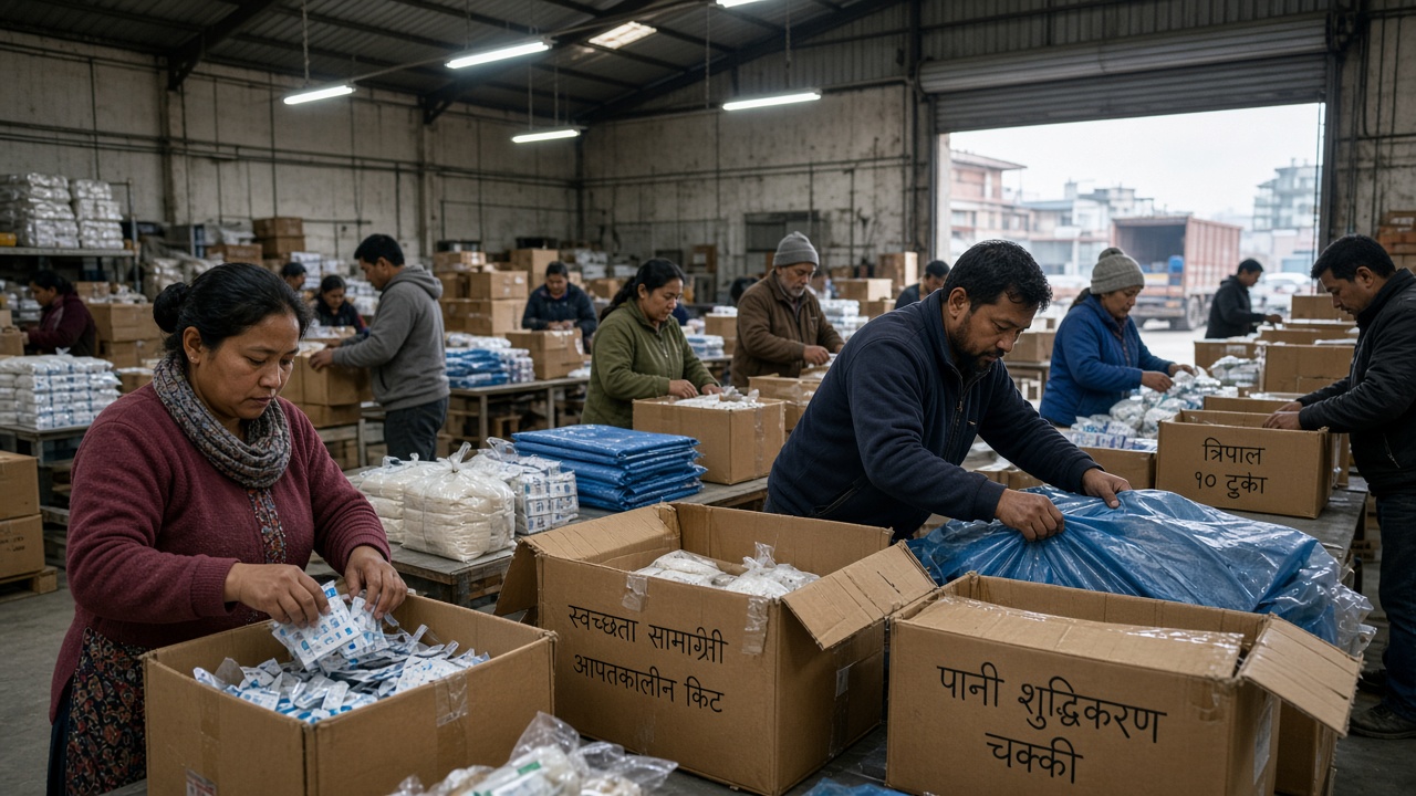Volunteers packing emergency kits in a Kathmandu warehouse