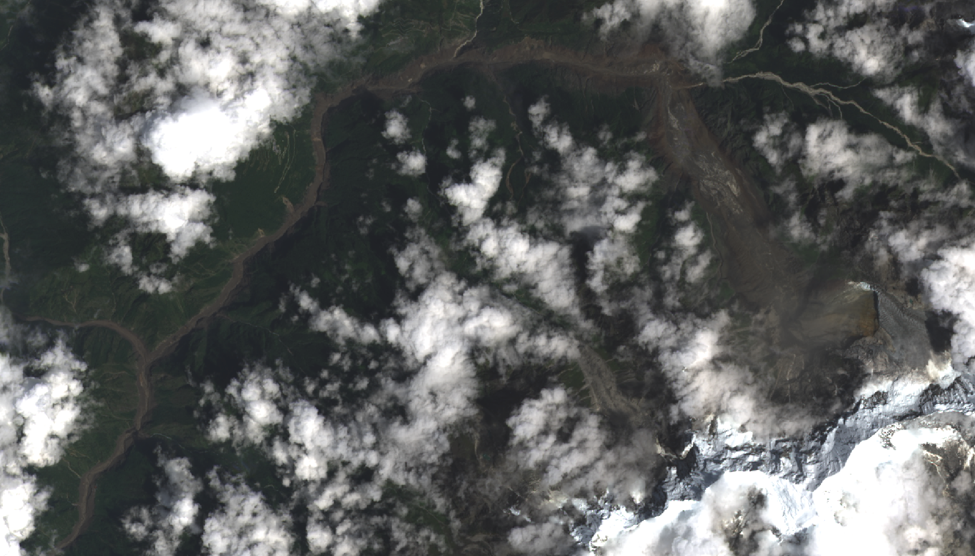 Landsat satellite image showing the debris path of the 26 August 2026 Nepal flood