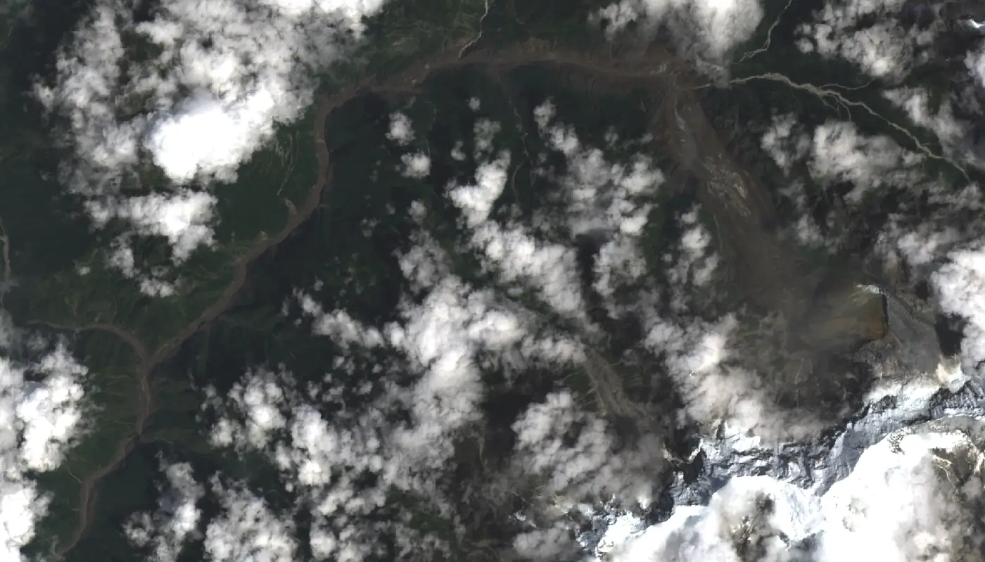 Landsat satellite image showing the debris path of the 26 August 2026 Nepal flood